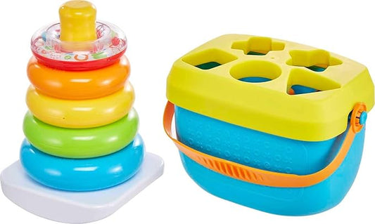 Fisher-Price Baby’s First Blocks & Rock-a-Stack Toy Set, Bucket of 10 Shapes & Ring Stacking Activity for Developmental Play Ages 6+ Months (Amazon Exclusive)