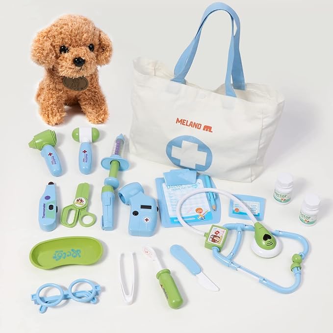 Meland Toy Doctor Kit for Kids - Pretend Play Doctor Set with Dog Toy, Carrying Bag, Stethoscope Toy & Dress Up Costume - Doctor Play Gift for Kids Toddlers Ages 3 4 5 6 Year Old for Role Play