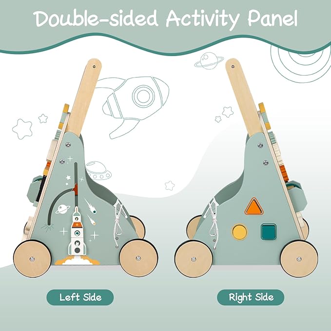 Adjustable Wooden Baby Walker – Montessori Push Toy for 1 Year Old with Rocket-Themed Activity Center, Sit-to-Stand Walker Gift for Boys and Girls