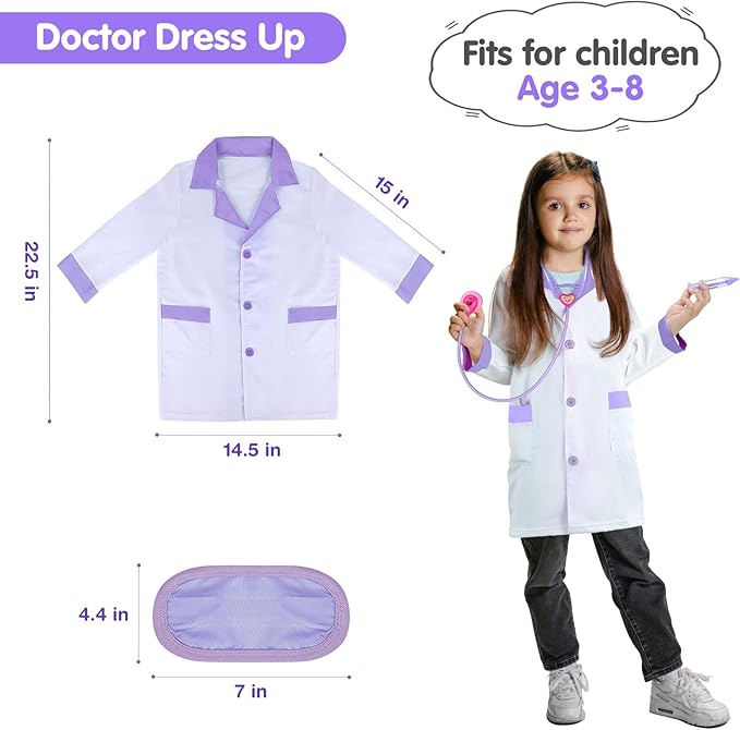 GIFTINBOX Kids Doctor Kit for Girls and Boys , Purple Doctors kit for Kids 22 Pieces Pretend Play Medical Toys Set with Roleplay Doctor Costume and Carry Bag for Little Girls-B