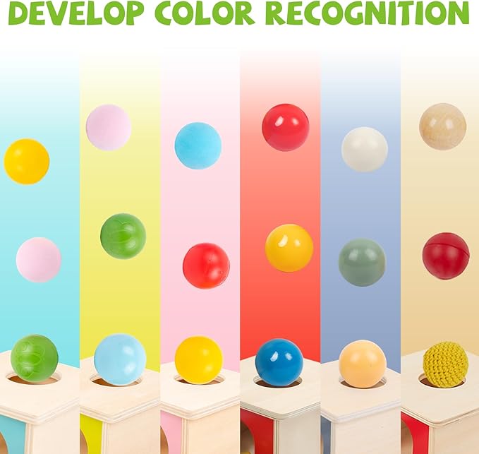 Adena Montessori Object Permanence Box with Tray Three Balls Montessori Toys for 6-12 Months Baby 1 Year Old Infant Toddler Wooden Pink Door for Girl