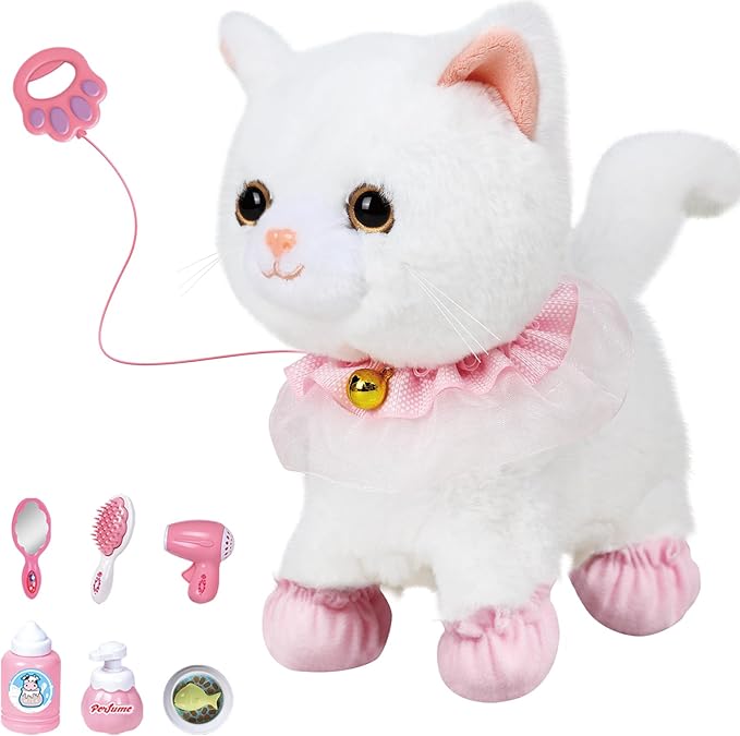 Interactive Electronic Plush Toy Walking and Barking Robot Cat Plush Cat Remote Control Kitten for Girls (White Cat)