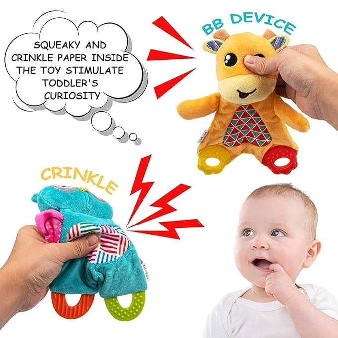 teytoy 2 Pcs Crinkle Toys for Baby with Teether, Baby Teething Sensory Toys Newborn Bib Saliva Soother Towel, Soft Snuggle Sleeping Security Blanket for Unisex Babies 0-36 Months Gifts(Owl and Deer)