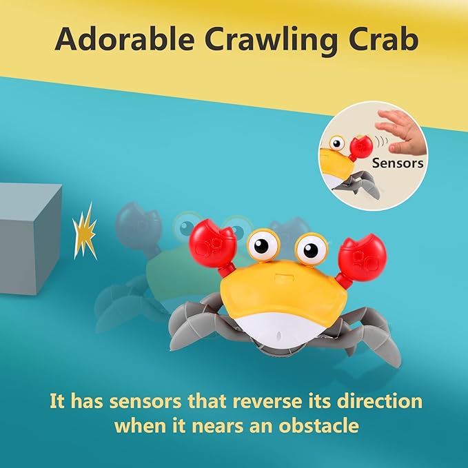 Crawling Crab Baby Toy Gifts: Tummy Time Toys Walking Dancing Cute Essentials Electric Induction Sensory Stuff Moving Babies Crabs with Light Up Music for Toddler Boys Girls Items Interaction Gadgets