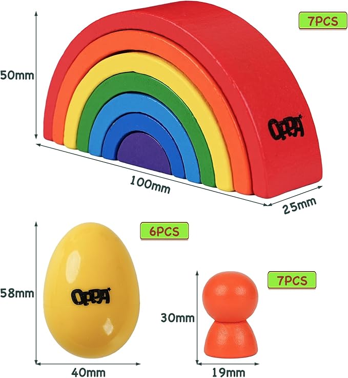 OPPA Colorful Plastic Egg Shakers 6 PCS and Rainbow Stacking Toy, Hand Percussion Musical Shaker, Wooden Rainbow Stacker Nesting Blocks, Educational Toy for Toddlers Baby Preschool Kids
