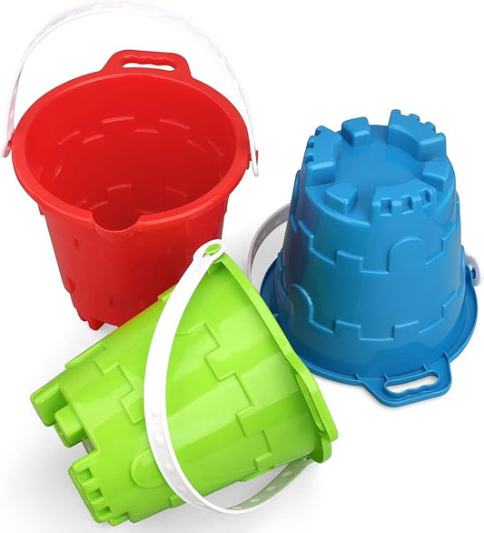Beach Sand Toy Bucket Gear For Kids Adult, 7" Plastic Beach Castle Mold Buckets, Sand Pail Water Bucket for Summer Party Fishing, Space Saving Outdoor Waterpot for Garden Camping Accessory (3PCS)