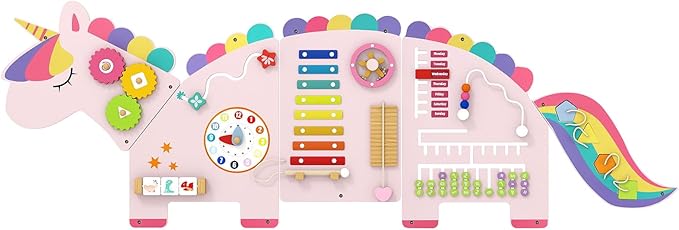 HONEY JOY Unicorn Activity Wall Busy Board Panels, 11-in-1 Wooden Sensory Wall Panel for Kids, Toddler Learning Activity Center, Ideal for Playroom Daycare Nursery Classroom Dentist Office (Pink)