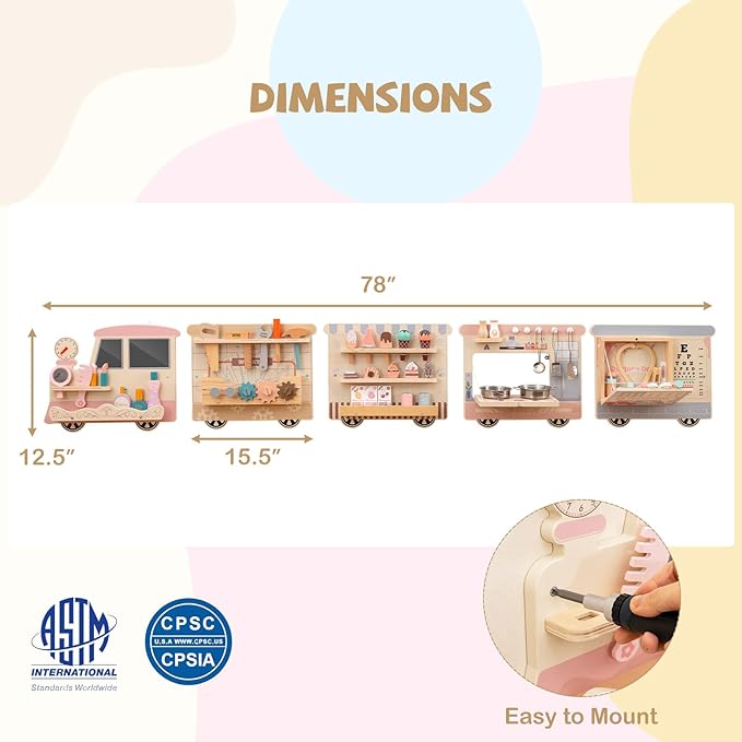 Costzon Train Activity Wall Busy Board, Sensory Wall Panel for Kids w/ Vanity, Tool Box, Play Kitchen, Doctor Kit & Snack Bar, Toddler Montessori Learning Toy for Playroom, Daycare, Nursery, Classroom
