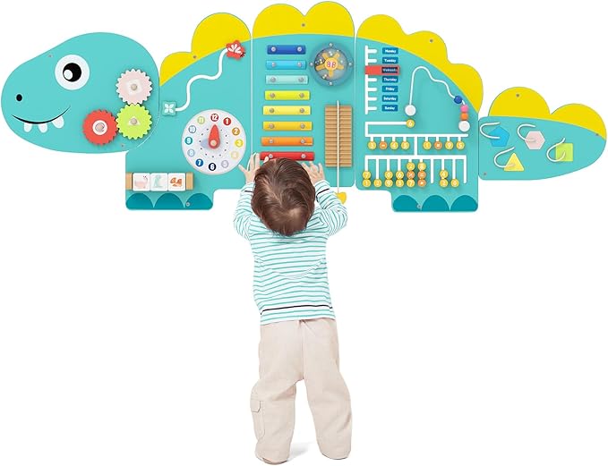 GLACER Dinosaur Wall Busy Board Panels, 11-in-1 Wooden Learning Activity Center for Early Education, Wall-Mounted Montessori Sensory Toddler Toys for Playroom, Daycare, Nursery (Green)