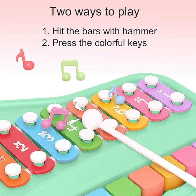 Baby Piano Xylophone for Toddlers 2-3, 2 in 1 Baby Piano Xylophone Musical Instrument with 8 Multicolored Key Scales Keyboard for Kids(Green)