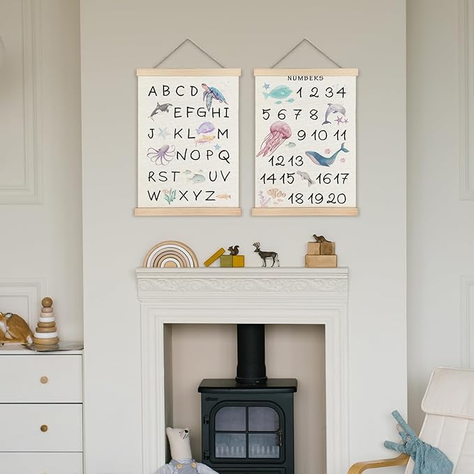 Supwhd Ocean Nursery Decor, Alphabet Numbers Ocean Animals Poster Hanger Frame, Sea Animals ABC 123 Educational Wall Decor for Nursery Kids Room Playroom Classroom Homeschool, 16x24 Set of 2