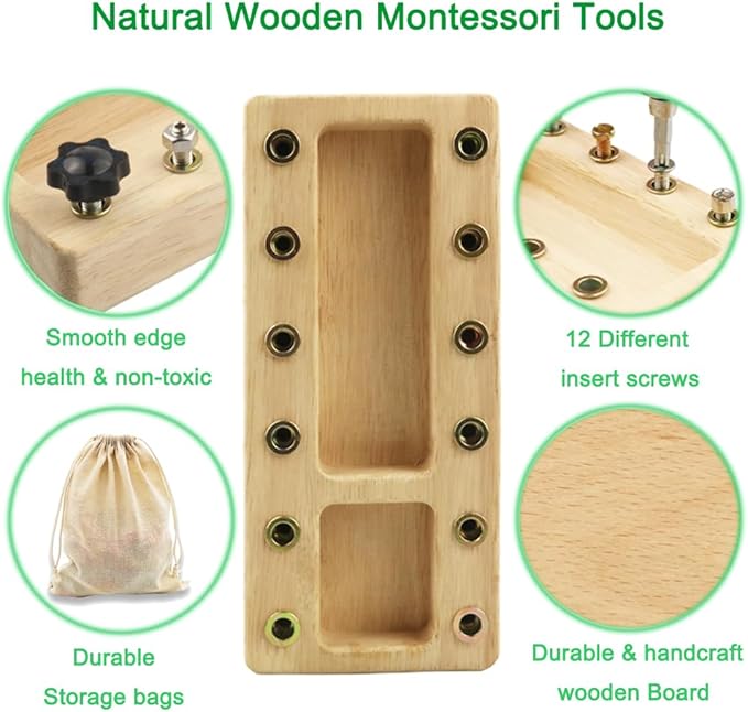Montessori Screwdriver Board Set, Wooden Montessori Toy Tool for 3 4 5 Year Old Kids, Educational Screw Board Sensory Learning Toys STEM Fine Motor Skills Toys