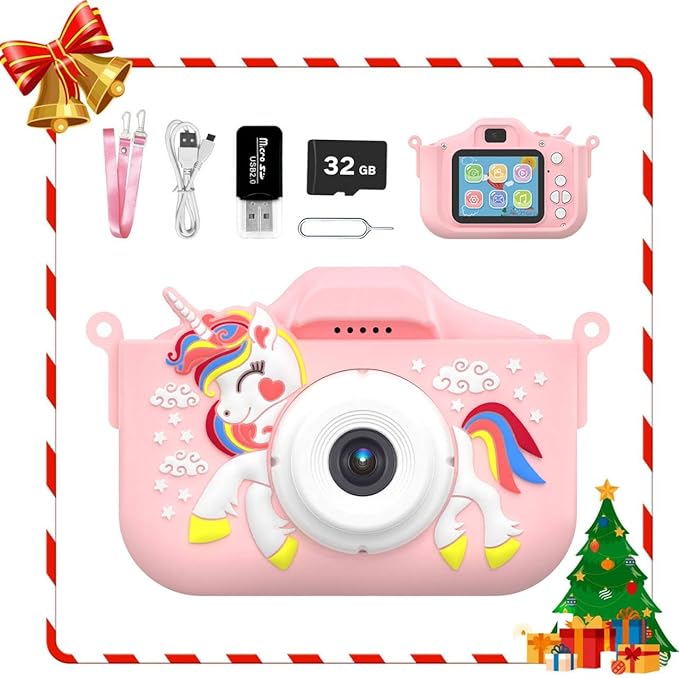 Kids Camera for 3-9 Year Old Boys Girls, Children Digital Camera with Cute Cartoon Soft Cover & 32GB SD Card, Best Christmas Birthday Gifts for Grandkids, Halloween Party Favors for Kids - Pink