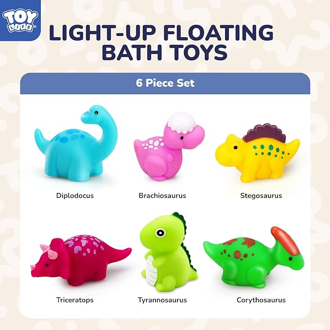 TOY Life 6 PCS Dinosaur Light Up Bath Toys for Kids Ages 4-8, No Hole Glow Bath Toys for Kids, Baby Toddler Bath-Time Christmas Birthday Gifts for Grandkids, Boys, Ideal for Shower, Bathtub, Pool