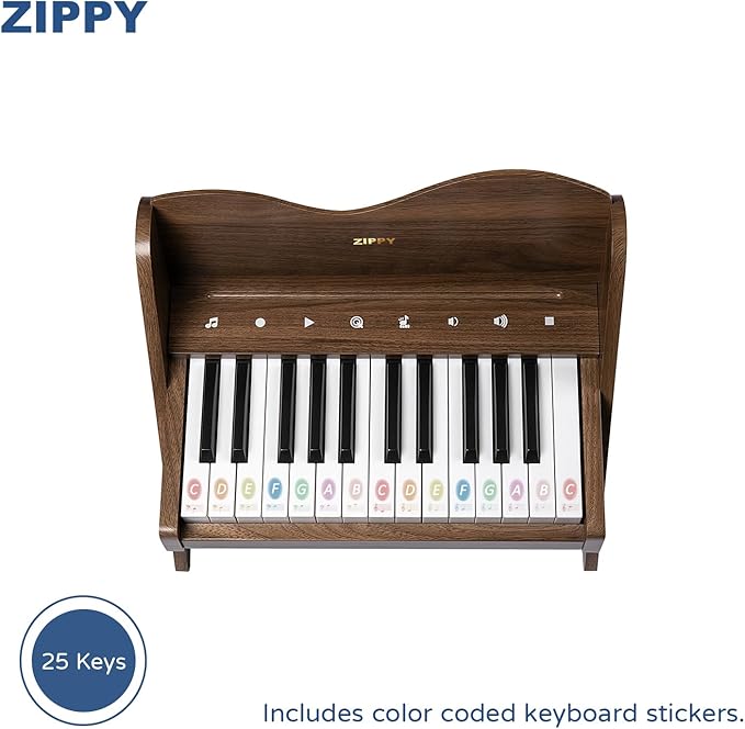 ZIPPY Kids Piano Keyboard, 25 Keys Digital Piano for Kids, Touch Sensitive Control Panel, Volume Adjustable, Mini Music Educational Instrument Toy, Wood Piano for Toddlers Girls Boys (Walnut)