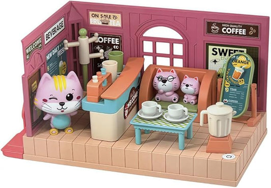 Koko's Cat Town DIY Miniature House Kit,Tiny House Cafes Building Kit,Dollhouse for 3 and up, Dollhouse Building Kit with Cats,Cat Toys Gift for Teens Kids Ages 3+