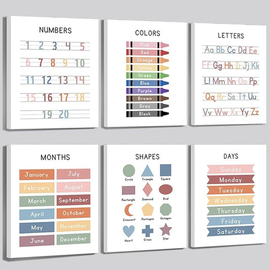 Framed Set of 6 Alphabet Poster, Abc Chart, Number Chart Educational Posters For Classroom Homeschool Preschool Supplies, for Kids Ages 3-5 Baby Girl Nursery Wall Decor (8 x10 inch Framed)