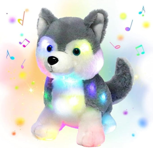 Hopearl LED Musical Stuffed Husky Lighting Up Singing Plush Dog Adjustable Volume Lullaby Animated Soothe Birthday Gifts for Kids Boys Girls, Gray, 12''