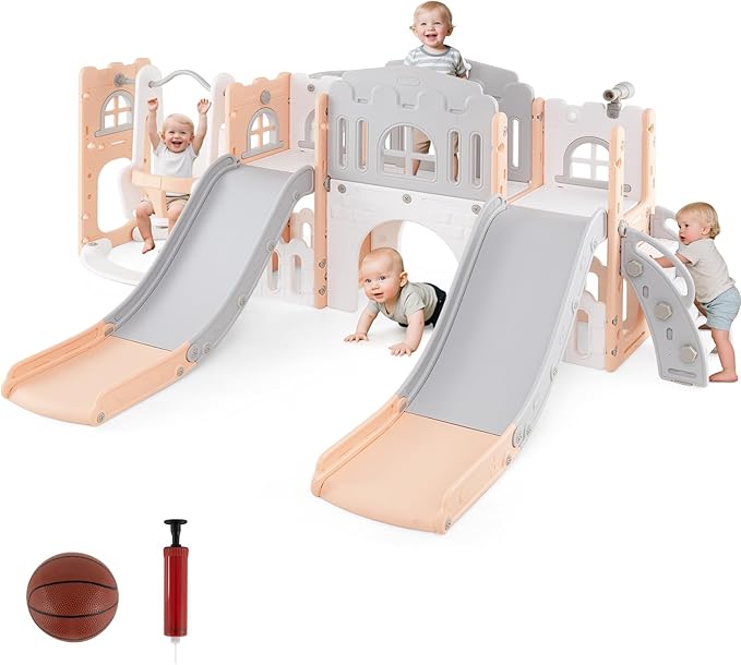 Costzon 10 in 1 Toddler Swing and Slide Set, Double Kids Slide and Climber Playset w/Aisle, Peek-a-Boo Window & Storage Space, Baby Indoor Playground for Aged 1+ (Pink-2 Slides,100" × 59" × 40")