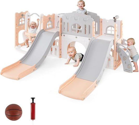 Costzon 10 in 1 Toddler Swing and Slide Set, Double Kids Slide and Climber Playset w/Aisle, Peek-a-Boo Window & Storage Space, Baby Indoor Playground for Aged 1+ (Pink-2 Slides,100" × 59" × 40")