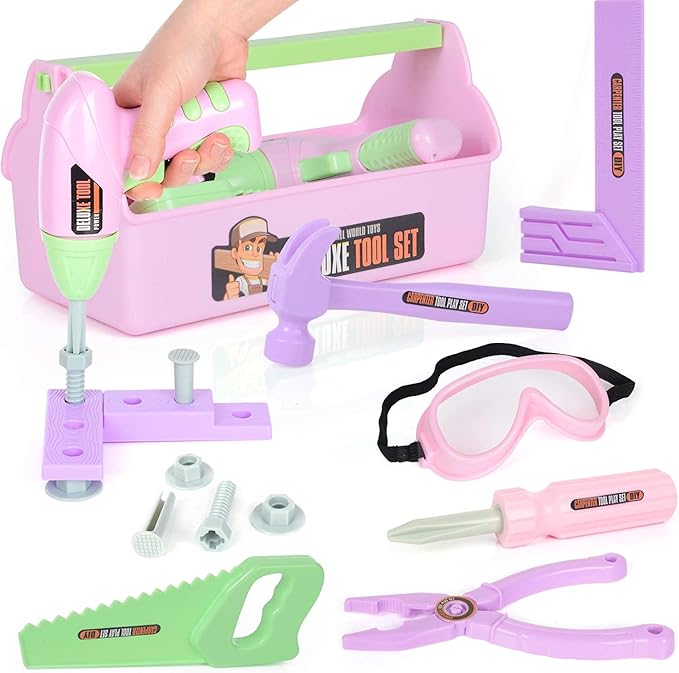 Pink Kids Tool Set (18 PCS) Pretend Play Construction Kit with Tool Box & Manual Drill