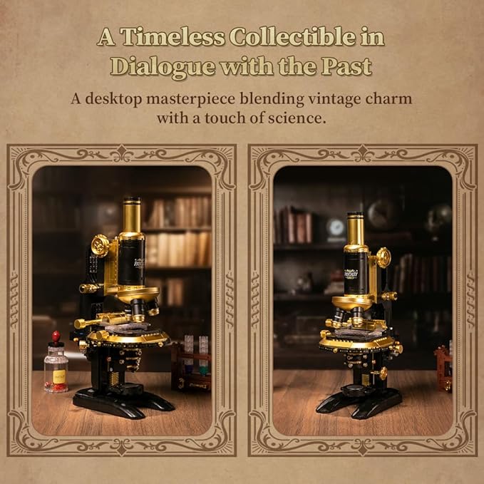 PANTASY Retro Microscope Building Kit for Adults, Antique Science Instrument Model with Mechanical Design, Brass Finish & Lab Accessories, Collectible Display Brick Set