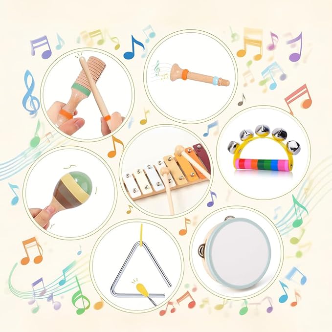 Toddler Musical Instruments Set - Neutral Colors Wooden Montessori Toys Percussion Instruments Musical Toys with Modern Boho Xylophone Tambourine for Kids Preschool Educational 3+ Birthday Gifts