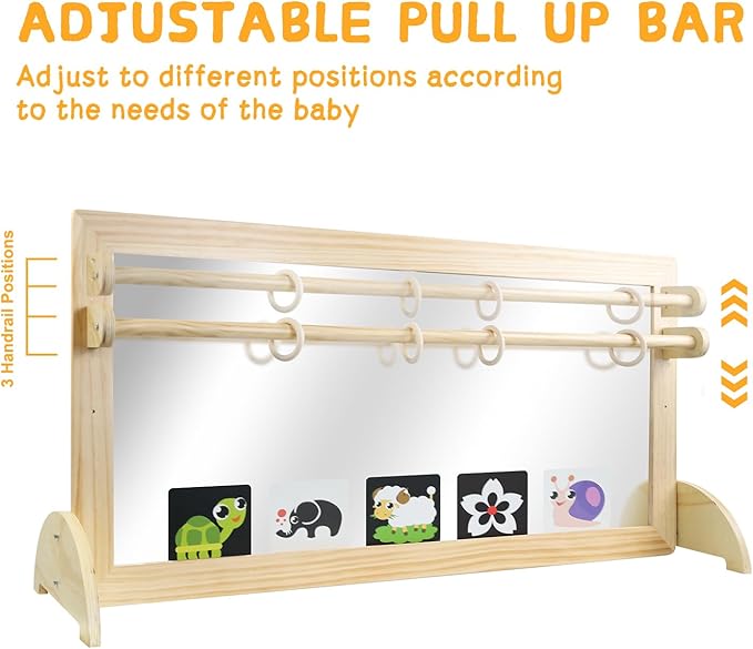 Montessori Mirror with Bar, Adjustable Wood Baby Pull Up Bar, Floor & Wall Shatterproof Safety Infant Coordination Montessori Furniture, for Home, Daycare, or Preschool
