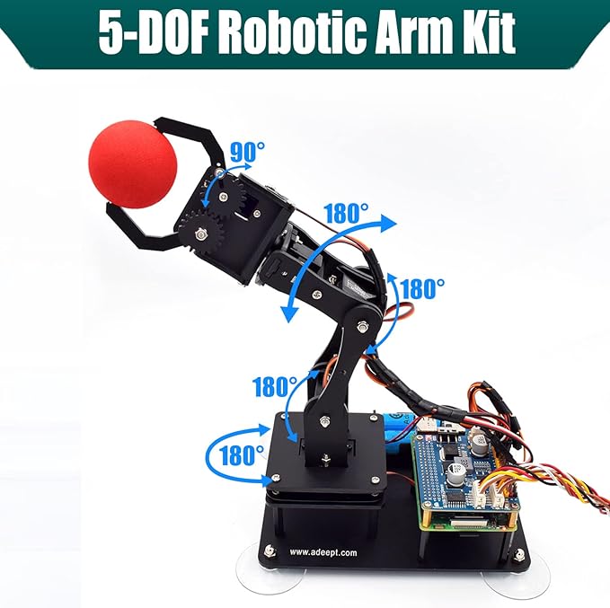 Adeept 5-DOF Robotic Arm Kit Compatible with Raspberry Pi 4 B 3 B+ B A+, Programmable DIY Coding STEM Educational 5 Axis Robot Arm with Python Code and Tutorials(PDF) - Black