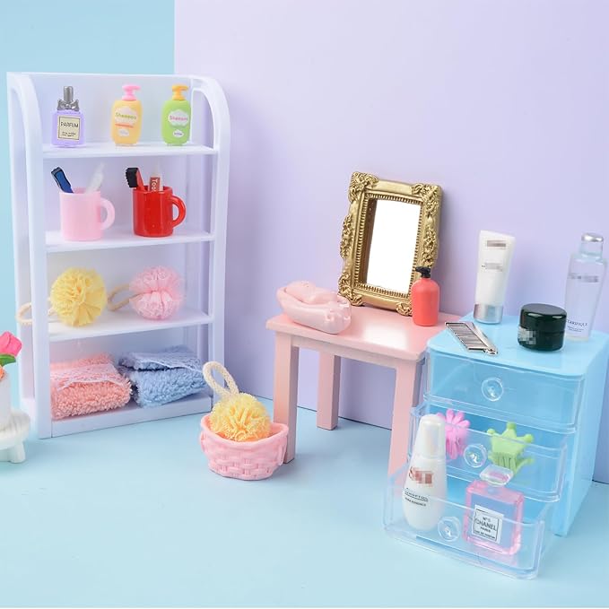 100 Pcs Dollhouse Mini Cosmetic Set，Miniature Bathroom Accessories，Mini Makeup Pretend Play Gifts for Girls，Jewelry Storage Case Shelf Handbag Camera Toiletries Dollhouse DIY Micro Scene