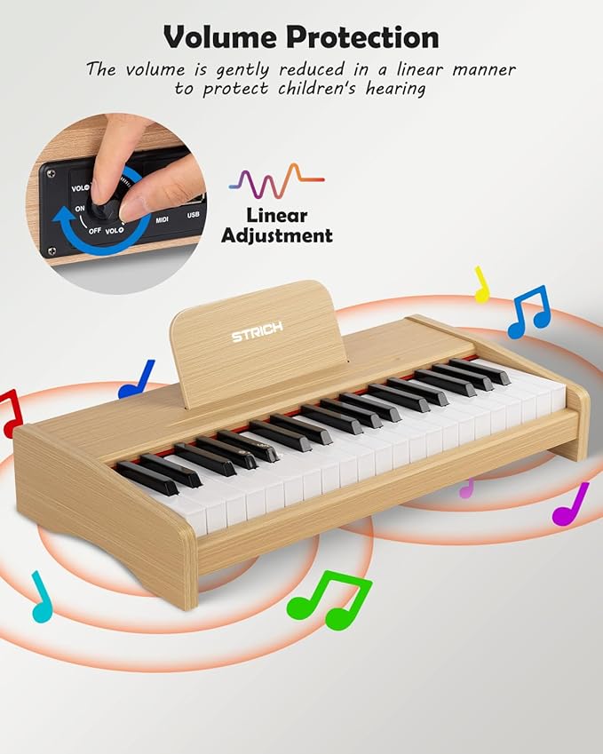 STRICH 37 Keys Kids Piano Keyboard, Mini Digital Piano for Kids, Volume Adjustable, Music Book, Wood Piano for 3+ Girls and Boys, Oak Color, SEK-37