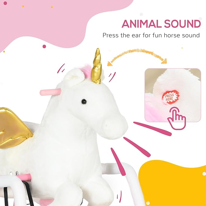 Qaba Kids Spring Rocking Horse, Ride on Horse for Girls and Boys with Animal Sounds, Plush Horse Ride-on with Soft Feel, Interactive Toy for Kids, Pink