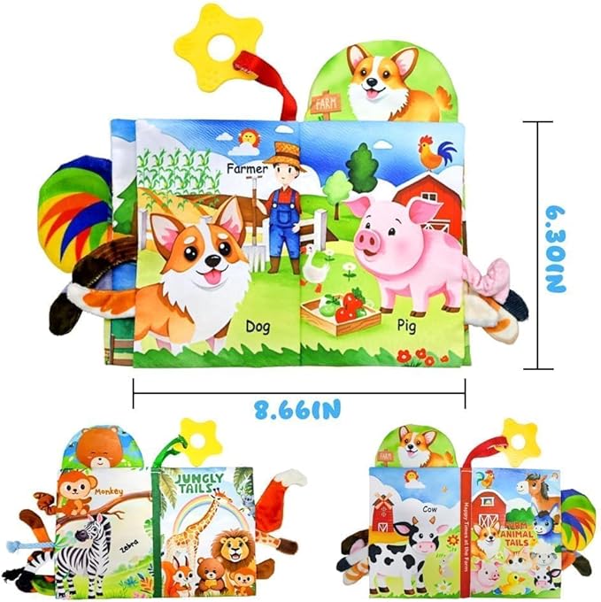 Kimicare 2 PCS Baby Books 0-6 Months, Crinkle Books for Babies, Jungle Tails Soft Cloth Book for Babies 6-12 Months, Infant Farms Sensory Book, Tummy Time Toys, Birthday Gifts Christmas