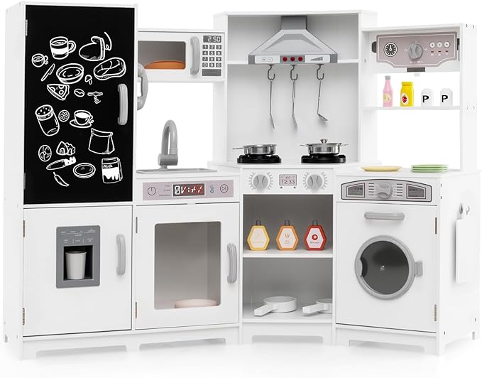 HONEY JOY Corner Play Kitchen, Large Wooden Pretend Toy Kitchen Set w/Lights, Ice & Coffee Maker, Range Hood, Chalkboard, Microwave, Cookware, Little Chef Kids Kitchen Playset for Toddlers (White)