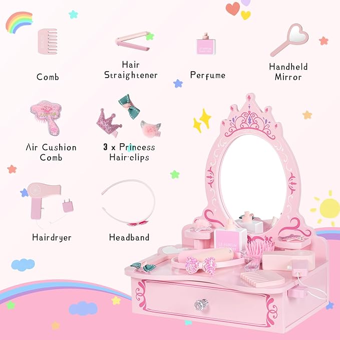 Wooden Vanity Set for Kids, Toddler Tabletop Beauty Salon Play Set w/Accessories & Drawer, Princess Makeup Pretend Play Vanity Table Toy with Crown Shaped Mirror for Little Girls Age 3-8