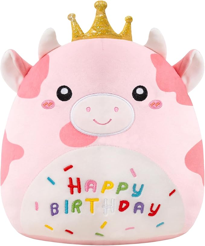 SQEQE Cow Stuffed Animal Soft Cow Stuffed Toy Birthday Party Decoration Gift Kawaii Pink Cow Plushie with Golden Crown for Kids Girls Boys(Pink Cow,10 Inch)