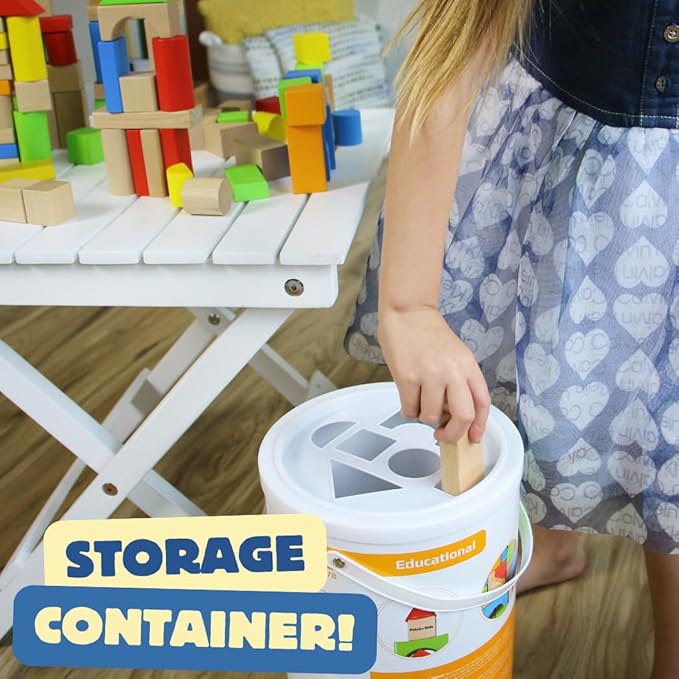 Pidoko Kids Building Blocks for Toddlers 1-3, 100 Pcs Wooden Blocks - Includes Storage Bucket and Shape Sorter Lid - Montessori Wood Block Gifts For Preschool Boys & Girls