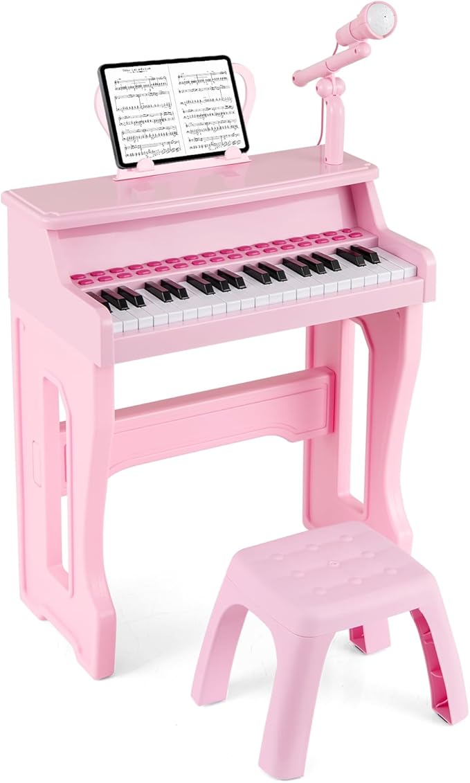 HONEY JOY Kids Piano, 37-Key Kids Keyboard Piano w/ Music Stand & Bench, Gift for Babies w/ Microphone, Portable Electronic Educational Musical Instrument, for Girls Boys (Pink)