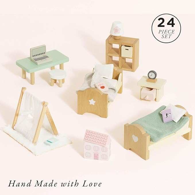 Le Toy Van - SugarPlum Wooden Bedroom Set | Dolls House Accessories Play Set For Dolls Houses | Girls and Boys Doll House Furniture Sets - Suitable For Ages 3+, Daisylane Child Bedroom (ME061)