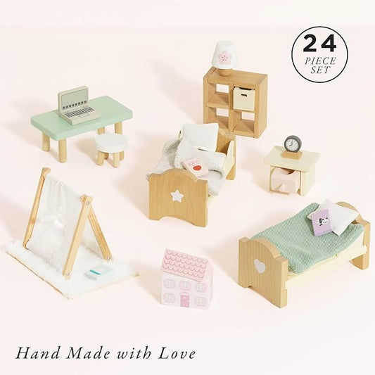 Le Toy Van - SugarPlum Wooden Bedroom Set | Dolls House Accessories Play Set For Dolls Houses | Girls and Boys Doll House Furniture Sets - Suitable For Ages 3+, Daisylane Child Bedroom (ME061)