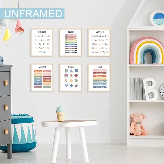 UNXIS Set of 6 Alphabet Poster, Abc Chart, Number Chart Educational Posters For Classroom Homeschool Preschool Supplies, for Kids Ages 3-5 Baby Girl Nursery Wall Decor.