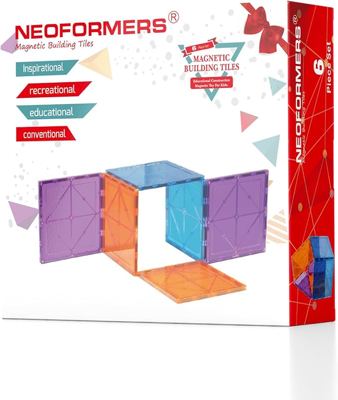 Large Magnetic Tiles Set - 6 Piece Square STEM Learning & Educational Building Kit for Kids - Perfect Construction Toy Gift