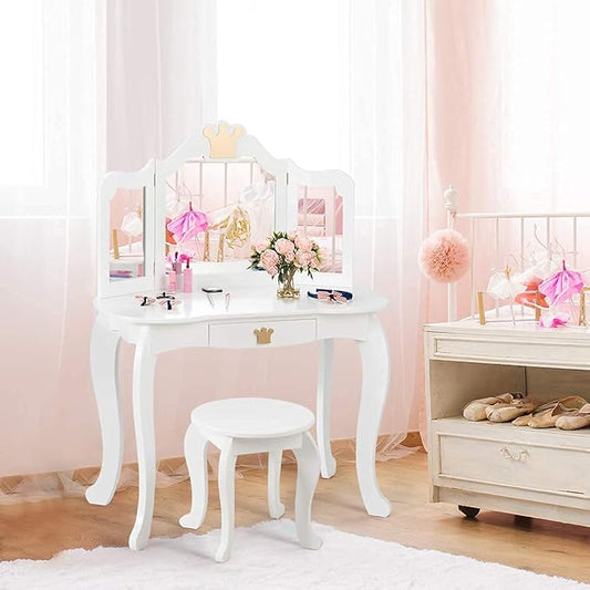 HONEY JOY Kids Vanity, Crown Themed Toddler Dressing Makeup Table and Chair Set w/Drawer & Tri-Folding Mirror, Detachable Mirror, Princess Pretend Play Girls Vanity Set with Mirror and Stool(White)