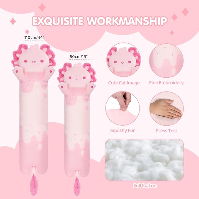 Mewaii Long Axolotl Plush 5 Sizes, 120% Extra Filling Giant Plushness Kids Body Pillow, Kawaii Cute Pink Axolotl Stuffed Animals Plushies, Big Long Body Pillow Cat Plush Gift for Girls 20”