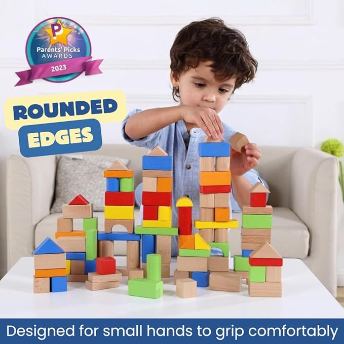 Pidoko Kids Building Blocks for Toddlers 1-3, 100 Pcs Wooden Blocks - Includes Storage Bucket and Shape Sorter Lid - Montessori Wood Block Gifts For Preschool Boys & Girls