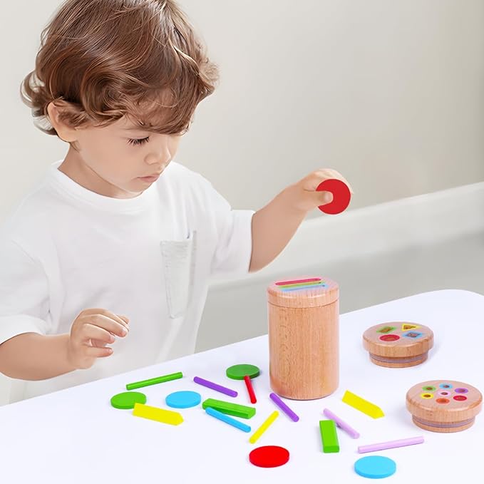 Wooden Montessori 3-in-1 Sensory Matching Games Play Set, Color & Shape Sorting Coin Box for Ages 2-4, Toddler Learning Toy