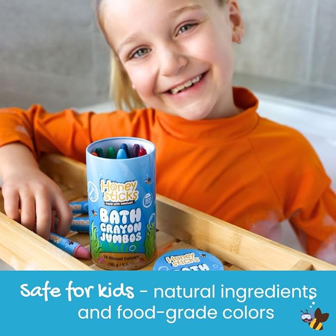 Honeysticks Jumbo Bath Crayons Non Toxic (16 Pack) for Toddlers 1-3 and Kids 4-8, Natural Beeswax Crayons, Food-Grade Colors, Fragrance Free, Non Irritating, Bath Toys for Bathtub, Shower, Gift