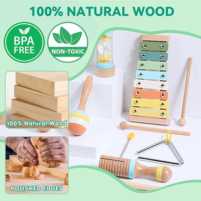 Baby Musical Instruments Wooden Montessori Toys for Toddlers 1-3, Neutral Colors Boho Wooden Montessori Toys Xylophone Instruments Set with Storage Bag for 1 2 3 Year Old Kids Baby Toddlers Boys Girls