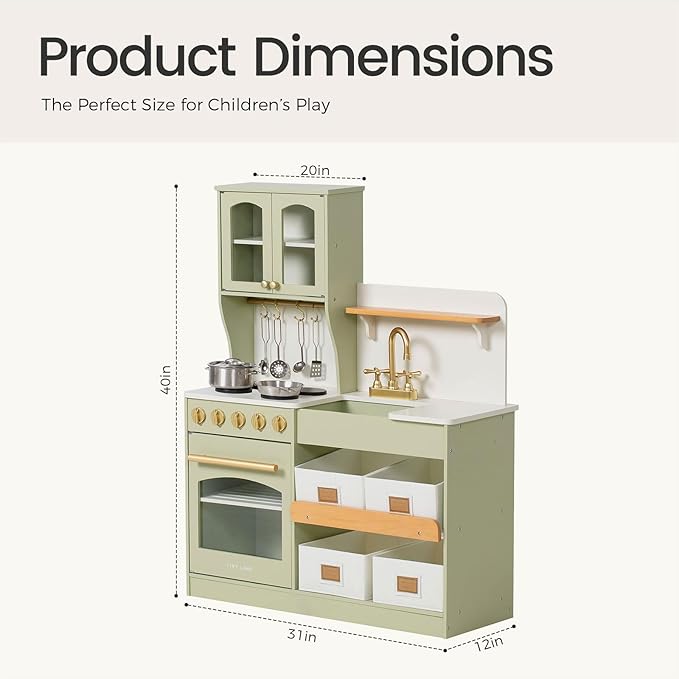 Tiny Land Play Kitchen for Kids with Enhanced Storage – Modern Toddler Kitchen Playset with Stove, Sink & Accessories, Organized Wooden Toy Kitchen, Ideal for Toddlers