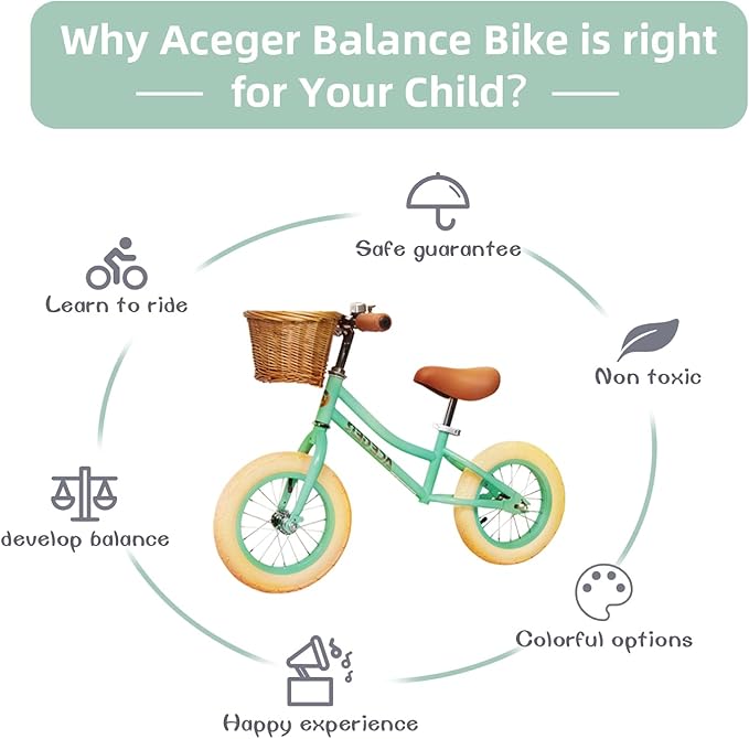 ACEGER 12" Kids Balance Bike with Basket, Toddler Bicycle for Early Learning Leg Strength and Steady Balancing, Durable Frame&Tool-Free Adjustable Seat, Gift Bike for 2-5 Kids, No Brake